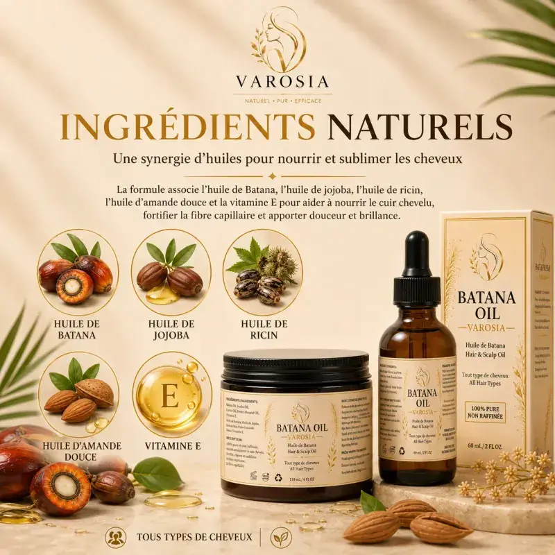 Les ingrédients de l'huile Varosia : Batana, jojoba, ricin, amande douce, vitamine E